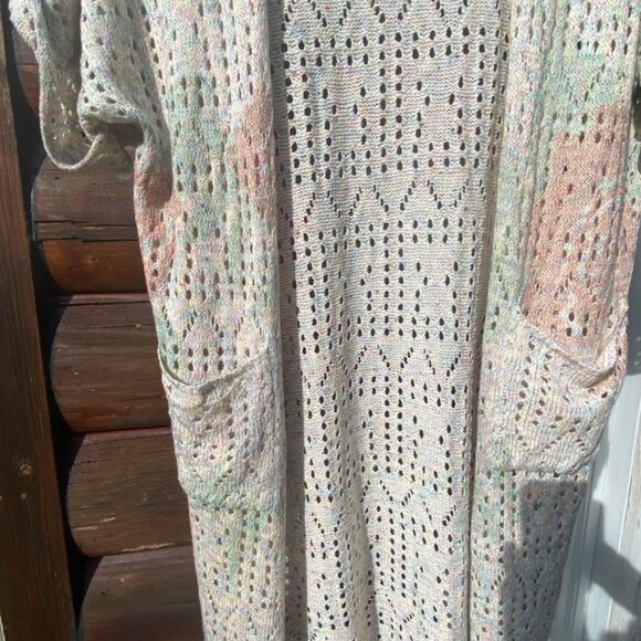 POL Boho Knit Open Front Short Sleeve Cardigan Sweater Pastel Sz M Crochet Beach - Picture 7 of 13